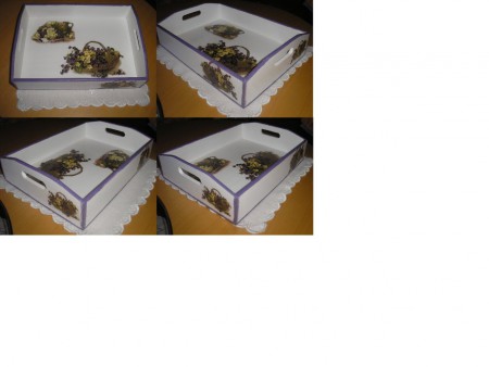 Drevený podnos s motívom fialiek v košíku, rozmery 31 x 22,5 x 7,5 cm.../10,90 €/ 